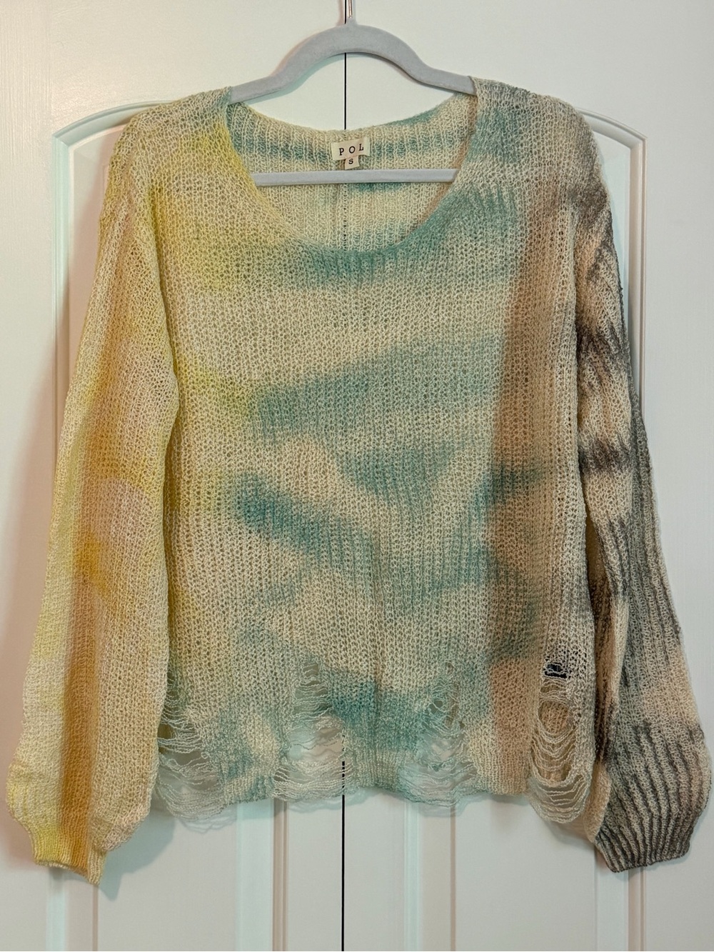 POL Pastel Tie-Dye Distressed Knit Sweater - Yellow, Teal, Cream, Gray